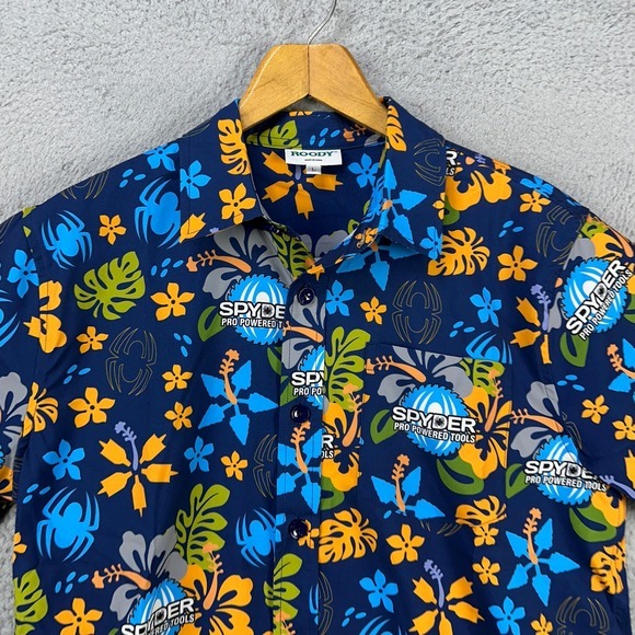 Roody Spyder Mens Hawaiian Shirt Large Blue Floral Button Up Pocket Short Sleeve - Picture 3 of 8